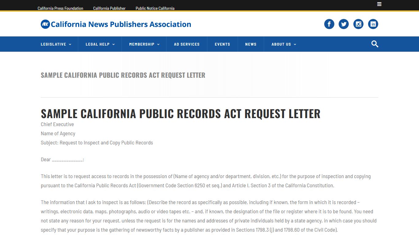 Sample California Public Records Act Request Letter - CNPA
